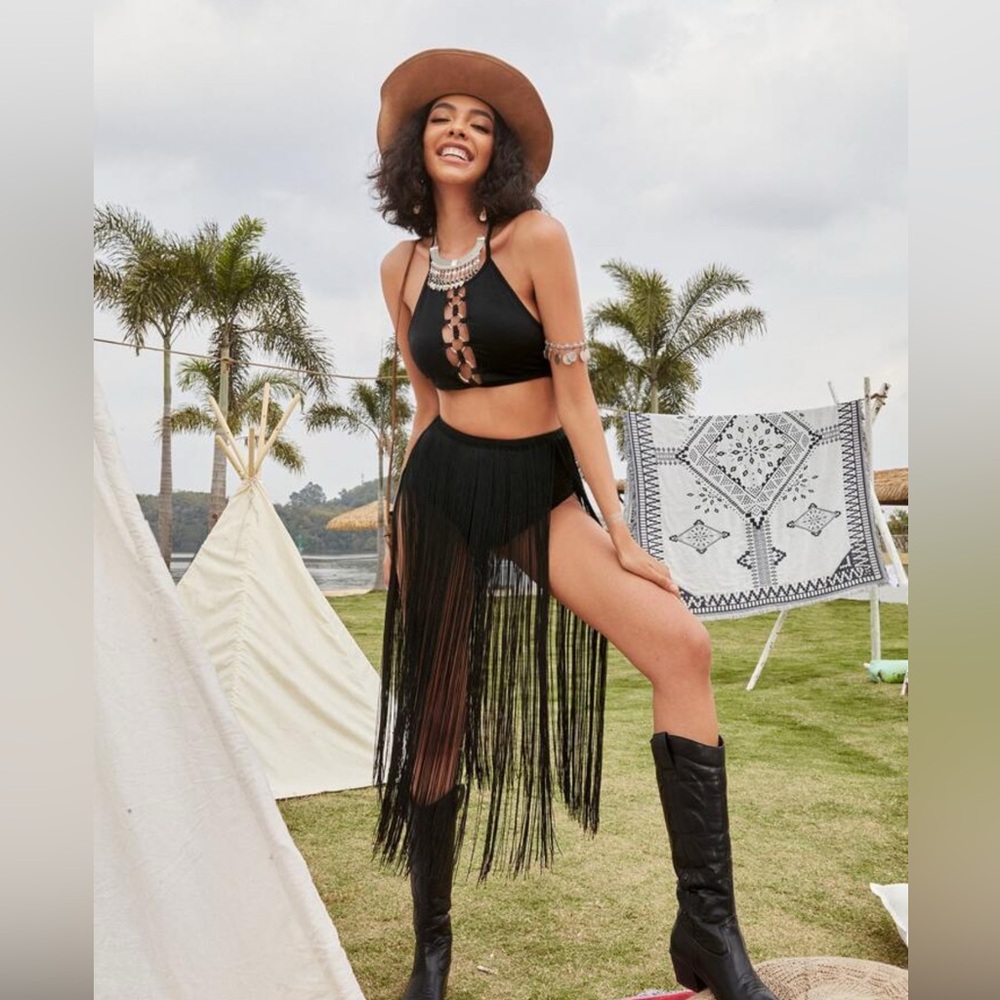 NWT SHEIN Black Maxi Fringe Skirt Sz L
